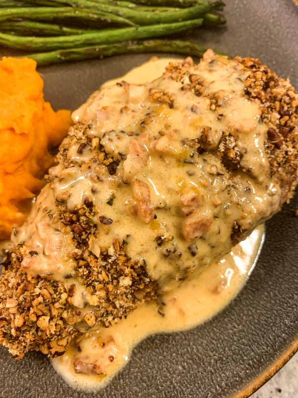 Pecan Crusted Chicken with Bacon Honey Mustard Sauce - A Toasted Crumb