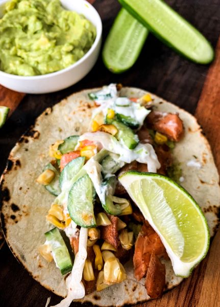 Cedar Plank Salmon Tacos with Cucumber Slaw