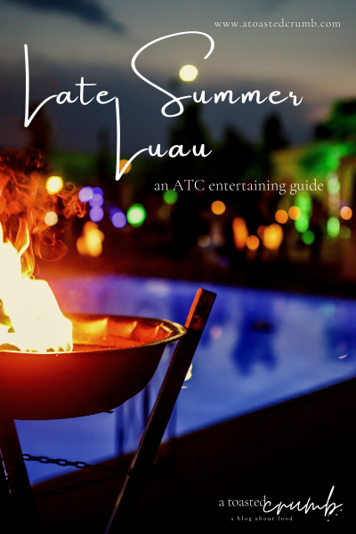 Late Summer Luau Entertaining and Party Guide cover image. fire bowl with a pool in the background. 