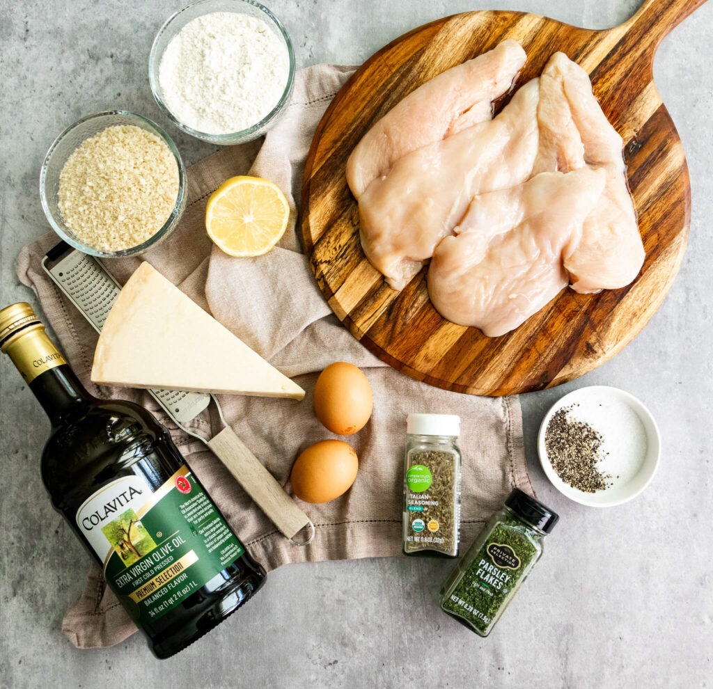 an ingredient spread for making crispy chicken cutlets