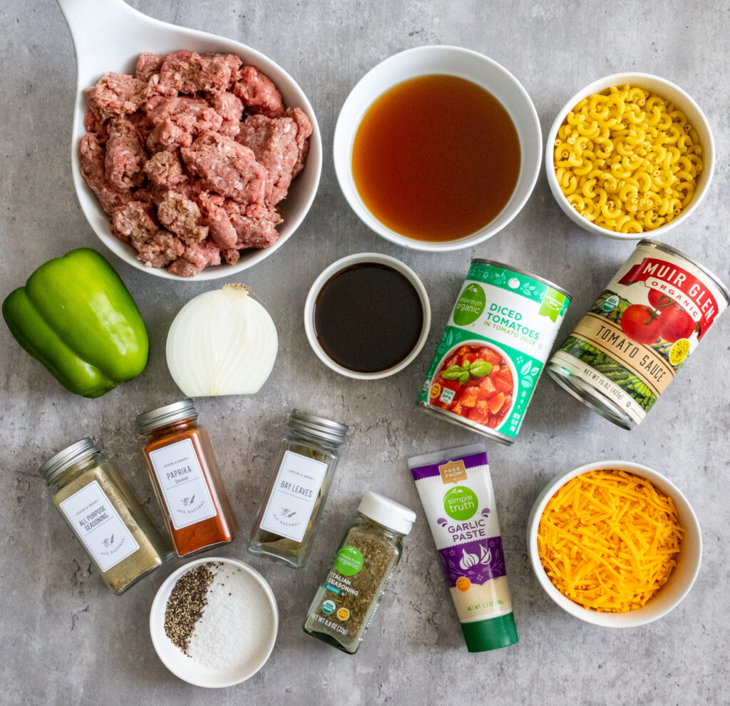 The ingredient spread for making One-Pot Classic American Goulash. 