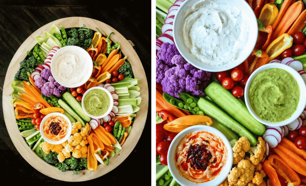 A colorful vegetable tray featuring a variety of fresh vegetables, including carrots, celery, cherry tomatoes, and bell pepper strips, arranged around three bowls of dips. The dips include a Classic Vegetable Dip, Caramelized Onion and Harissa Dip, and an Avocado Hummus and a close up of the three dip trio. 