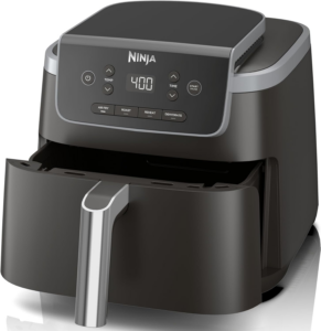 A black and silver Ninja air fryer with a digital display showing 400. It has buttons for air fry, roast, reheat, and dehydrate, and an open basket with a handle. The design is modern and sleek.