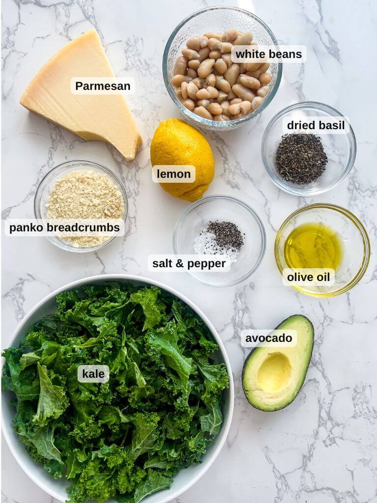 Ingredients arranged on a marble surface suggest the makings of a kale salad with white beans: a wedge of Parmesan, dried basil, half a lemon, panko breadcrumbs, salt and pepper, olive oil, avocado half, and fresh kale. Labels neatly identify each component for this vibrant dish.