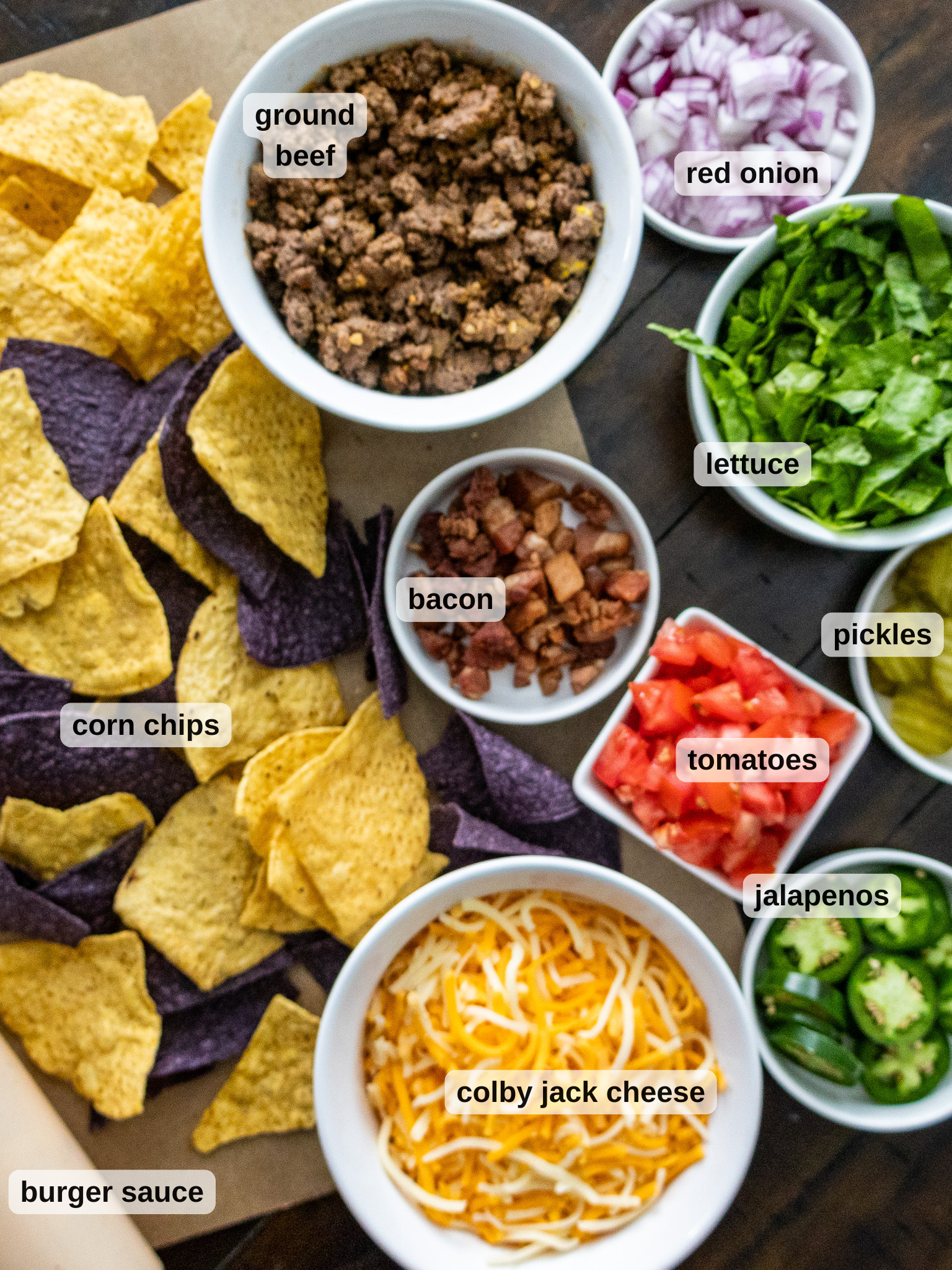 A top-down view of ingredients for a loaded nachos platter, including ground beef, red onion, lettuce, pickles, tomatoes, jalapenos, bacon, Colby Jack cheese, burger sauce, corn chips, and purple corn chips.