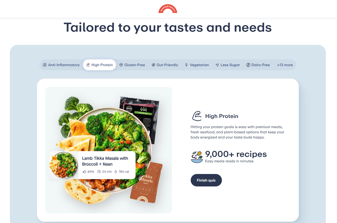 A website interface showcasing a food service with a photo of Lamb Tikka Masala with broccoli and naan. Features include dietary filters like high protein and gluten-free. A mention of 9,000+ recipes and a Finish quiz button is visible.