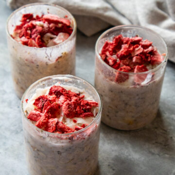 3 jars of Strawberry Overnight Oats made with Homemade Strawberry Milk.