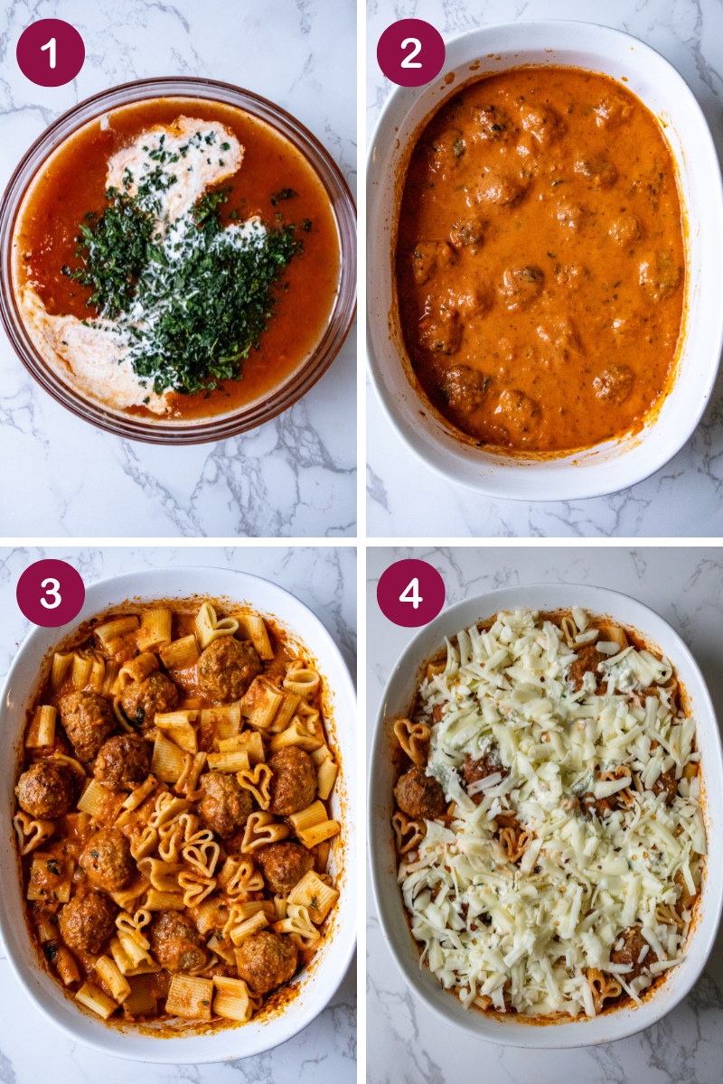 Four steps to make a pasta bake. 1: Bowl with sauce, cream, herbs. 2: Baking dish with meatballs in sauce. 3: Added bow-tie and penne pasta with meatballs. 4: Topped with shredded cheese, ready to bake.