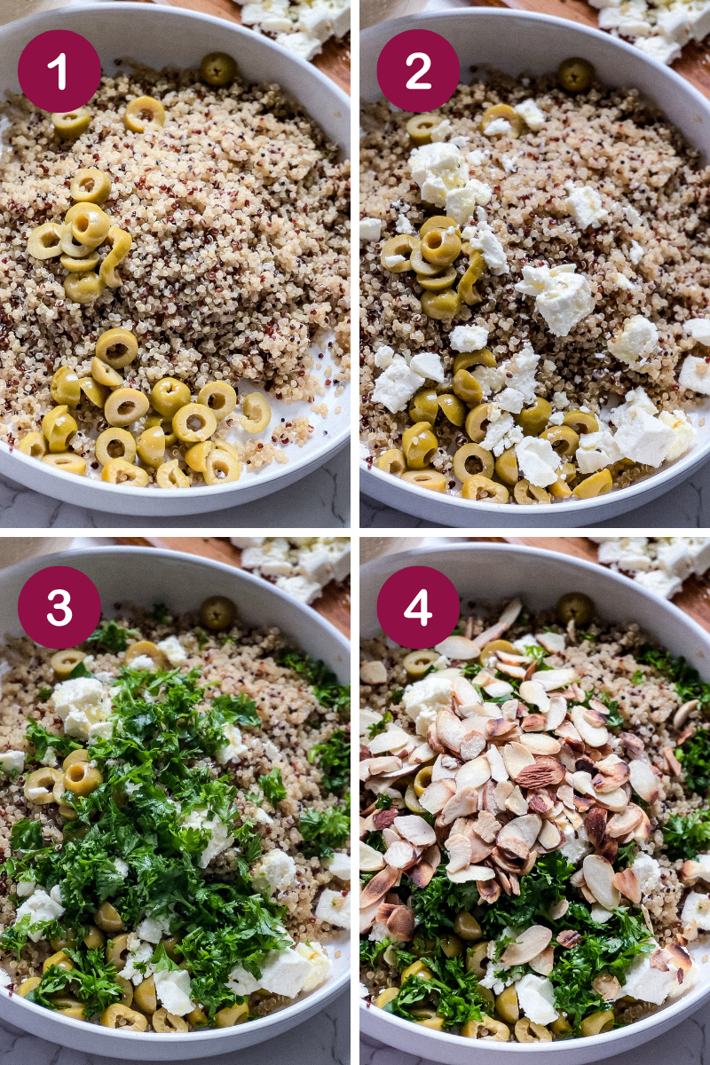 Create a vibrant quinoa salad with olives in four simple steps. Start with quinoa and green olives, then add feta cheese. Next, mix in chopped parsley. Finally, sprinkle sliced almonds on top for a delightful crunch.