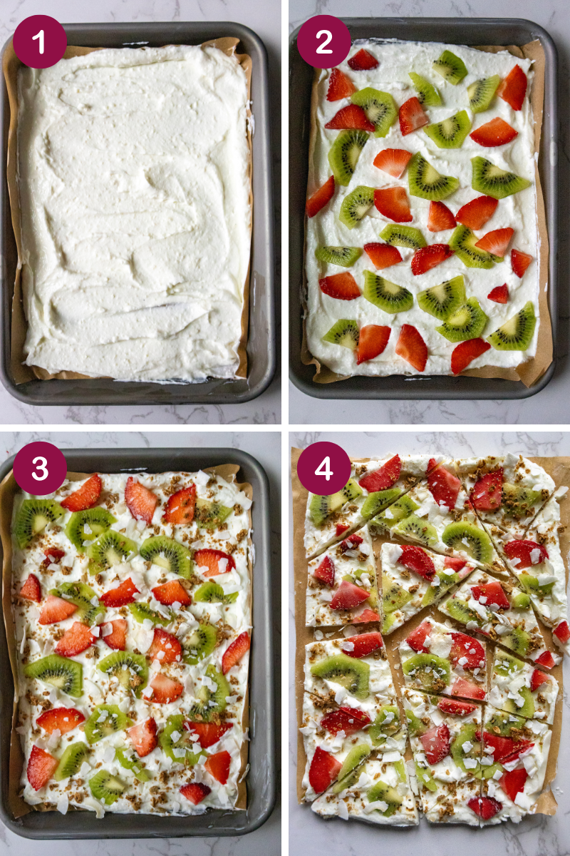 Discover the step-by-step process of creating a delicious dessert with a creamy white chocolate Greek yogurt base on a tray, elegantly topped with sliced kiwi and strawberries. The fourth image beautifully showcases the dessert cut into enticing pieces.