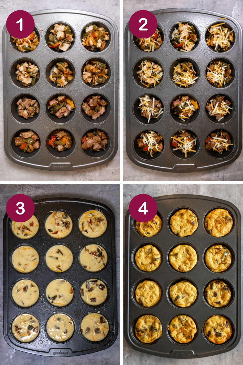 Four-step collage of high-protein breakfast egg bites. Steps: 1. Diced leftover fajitas in muffin tins. 2. Shredded cheese added. 3. Filled with beaten eggs. 4. Baked to perfection with golden tops.