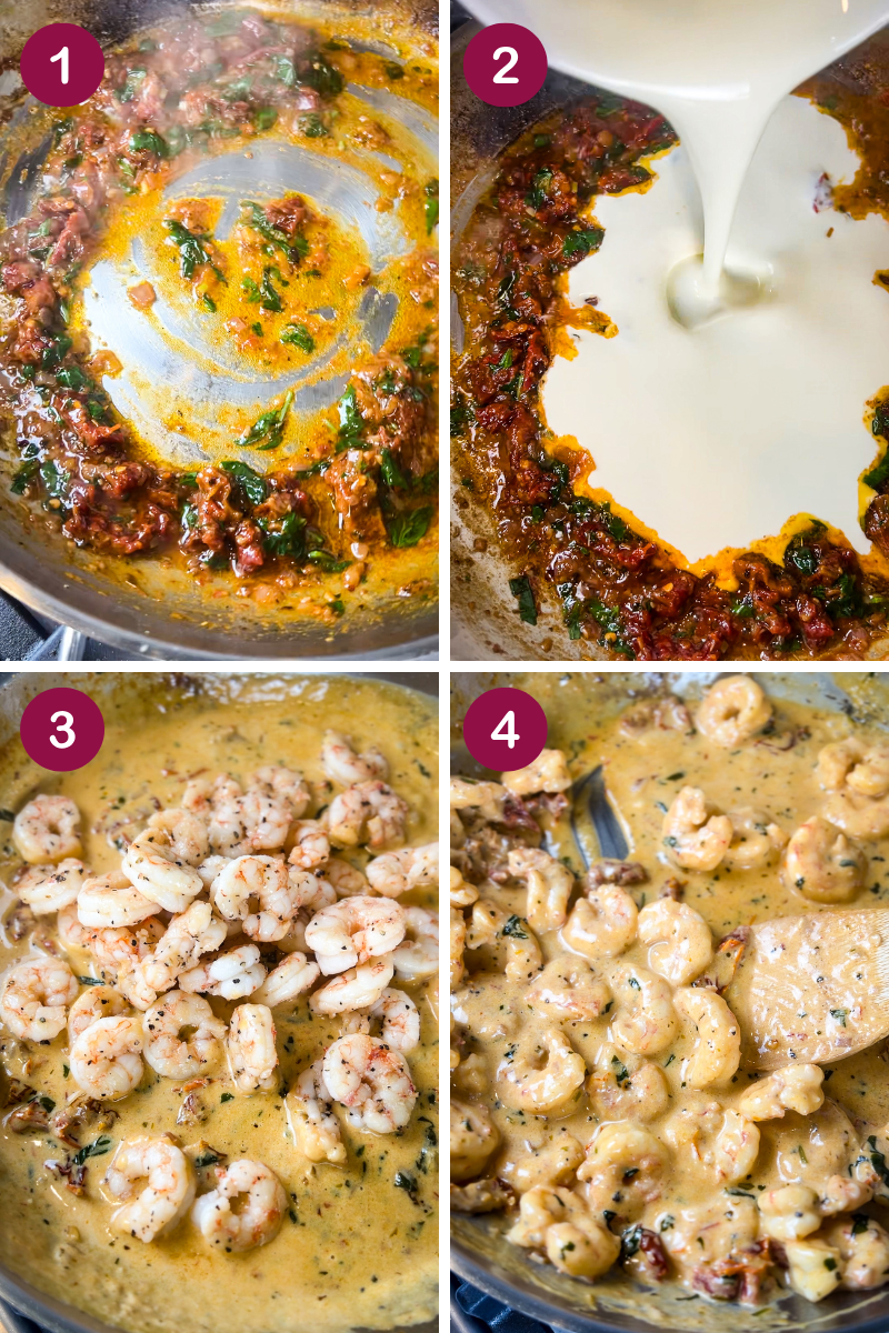 Four-step cooking process for Easy Marry Me Shrimp and Creamy Parmesan Polenta: 1) Sautéed tomato and spinach mixture. 2) Cream being added to mixture. 3) Shrimp placed in creamy sauce. 4) Finished creamy dish ready to impress for a romantic Valentines Day dinner.