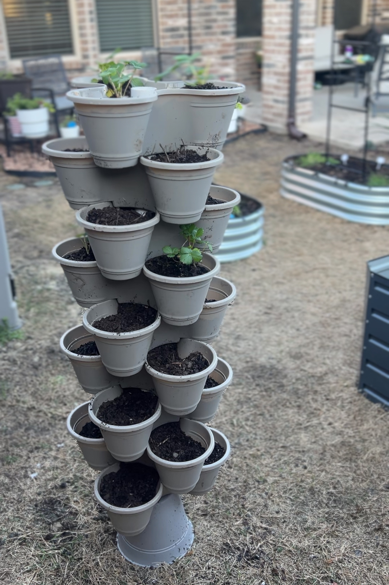 A vertical garden with stacked, gray pots containing soil and a few small plants. The structure is standing on dry grass, with raised garden beds and a brick building visible in the background.
