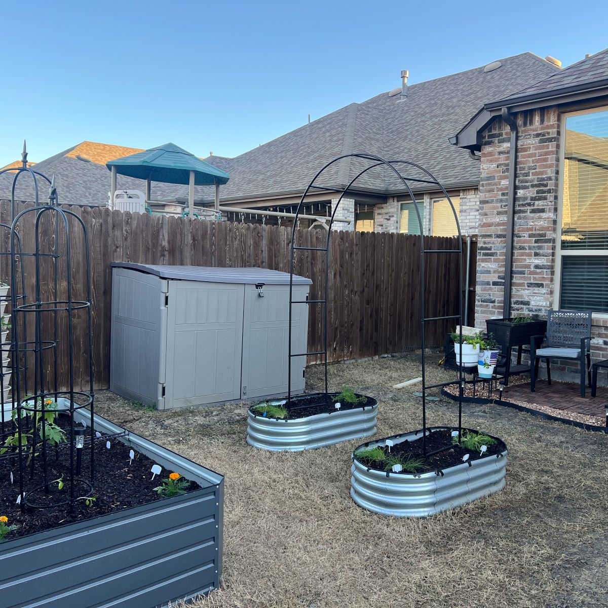 Backyard garden with raised beds and metal arches for plant support. The area features a small greenhouse, patio chairs, a wooden fence, and a storage shed. The grass is brown, suggesting a dry season. A brick house is partially visible in the background.